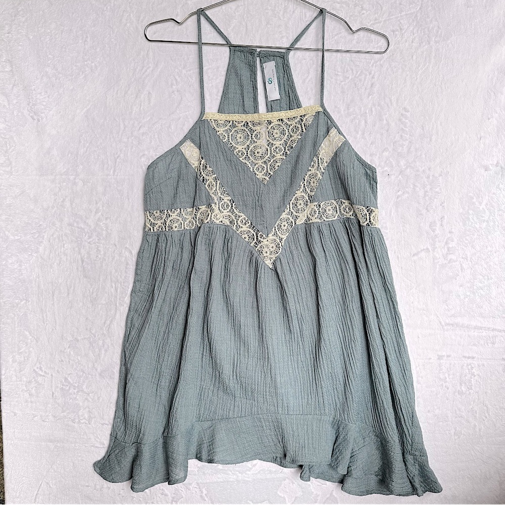 Babydoll Halter Top Blue Cream Lace Inlay Ruffle Hem Gauzy Crepe Fairy Boho Soft
